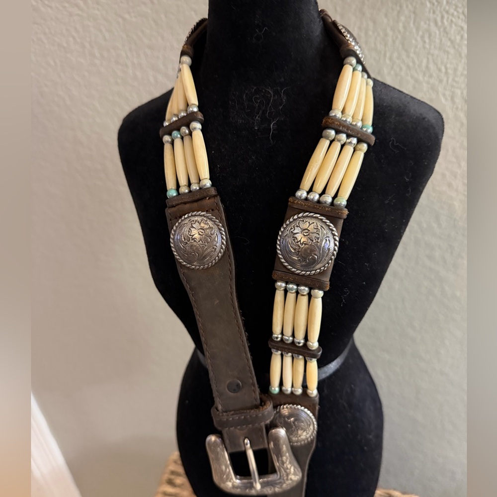 Vtg Tony Lama Leather Concho Bone Bead Western Brown Leather Womens Belt 28" - Picture 12 of 16
